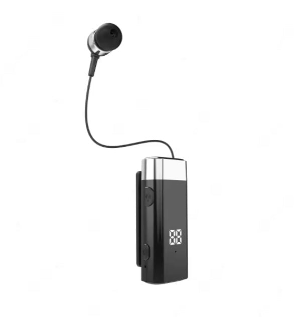 HKM-589971 Retractable Clip-On Headset with Bluetooth, Noise-Cancelling Microphone, and LED Battery Display