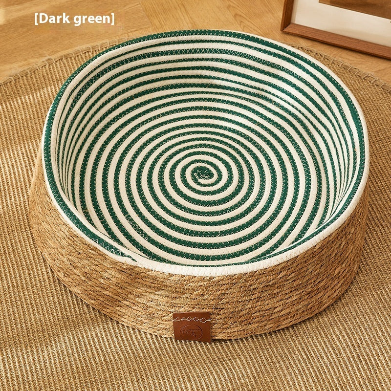 HKM-5902909 Integrated PE Rattan Cat Scratch Board and Bed – Wear-Resistant Design in Dark Green and Brown, Multiple Sizes Available