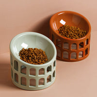 HKM-5905213 Ceramic High-Foot Oblique Neck Pet Bowl in Matcha Green, Retro Brown Red, Sakura Pink