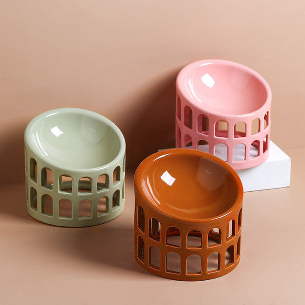 HKM-5905213 Ceramic High-Foot Oblique Neck Pet Bowl in Matcha Green, Retro Brown Red, Sakura Pink