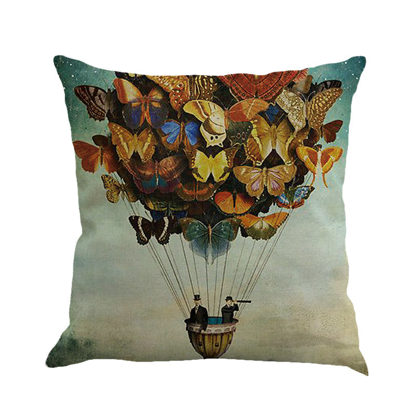 HKM-591315 Colorful Butterfly Linen Pillow Cover - Scenery Design, 45x45cm, No Insert Included