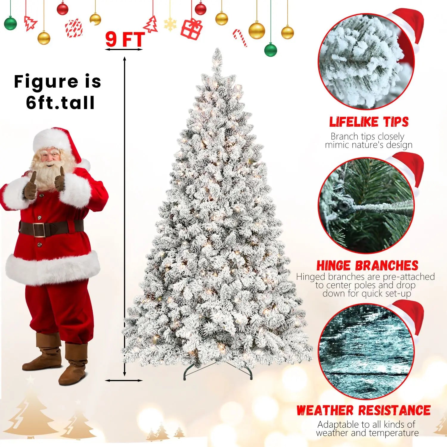 HKM-591379 9ft Mixed Flocked Christmas Tree with LED Lights - Automatic Artificial Decor for Courtyard Display