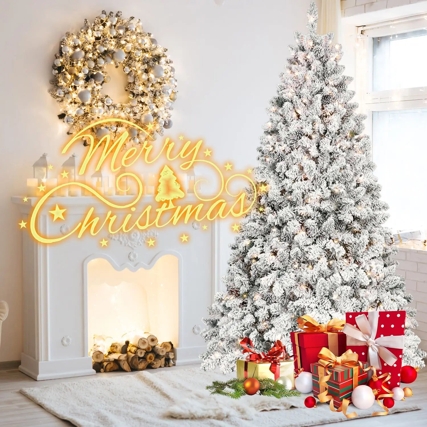 HKM-591379 9ft Mixed Flocked Christmas Tree with LED Lights - Automatic Artificial Decor for Courtyard Display