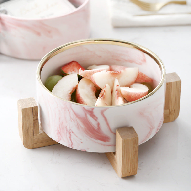 HKM-5914941 Ceramic Cat Bowl with Wooden Stand - Marble Pattern Options for Cats and Puppies