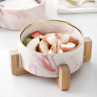 HKM-5914941 Ceramic Cat Bowl with Wooden Stand - Marble Pattern Options for Cats and Puppies