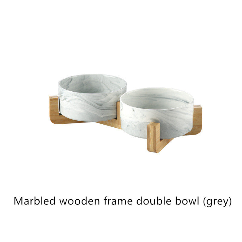 HKM-5914941 Ceramic Cat Bowl with Wooden Stand - Marble Pattern Options for Cats and Puppies