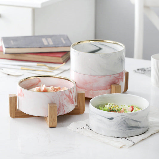 HKM-5914941 Ceramic Cat Bowl with Wooden Stand - Marble Pattern Options for Cats and Puppies