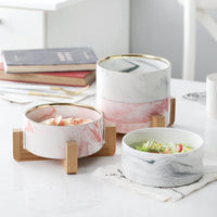 HKM-5914941 Ceramic Cat Bowl with Wooden Stand - Marble Pattern Options for Cats and Puppies