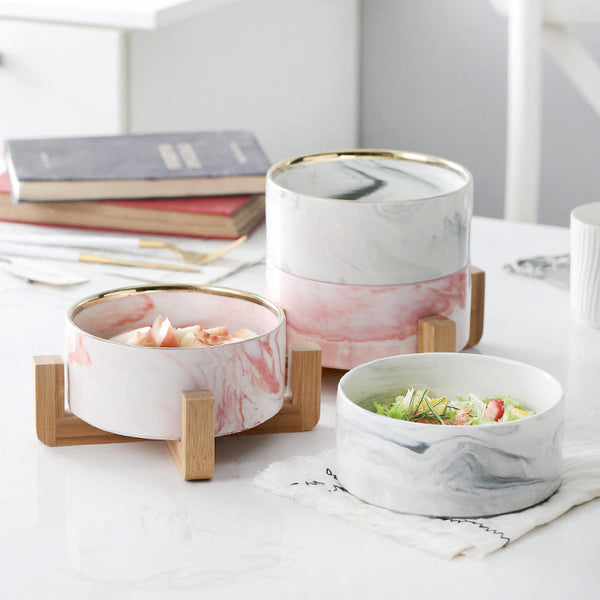 HKM-5914941 Ceramic Cat Bowl with Wooden Stand - Marble Pattern Options for Cats and Puppies