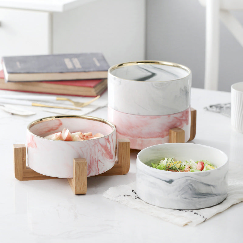 HKM-5914941 Ceramic Cat Bowl with Wooden Stand - Marble Pattern Options for Cats and Puppies
