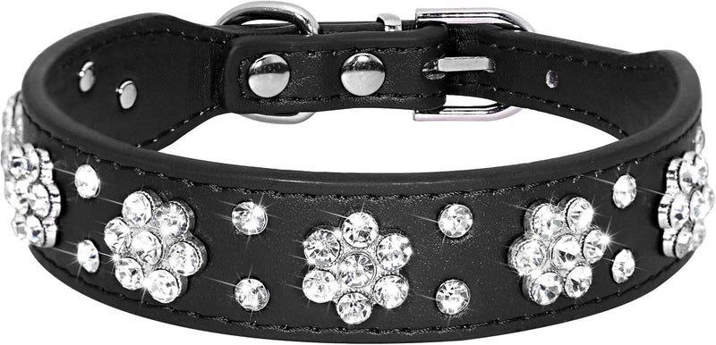HKM-591699 Rhinestone Flower Pattern PU Leather Dog Collar for Small & Medium Breeds