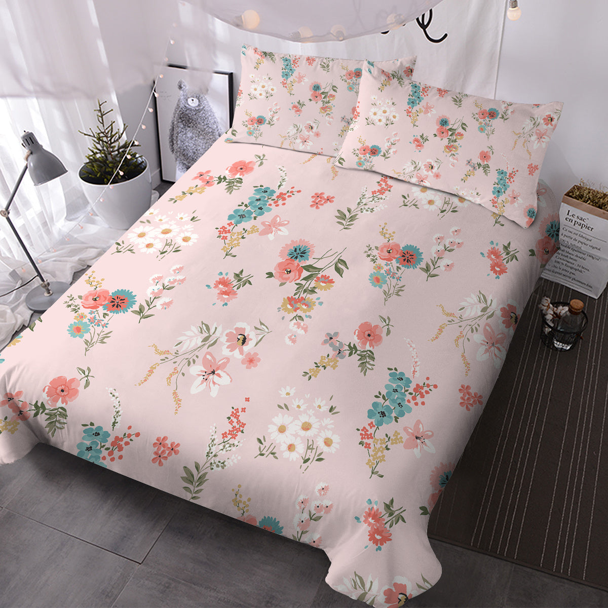 HKM-591763 Elegant Floral Microfiber Duvet Set with Comforter and Pillow Shams - Available in Multiple Sizes