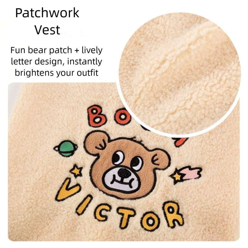 HKM-5919293 Warm Sherpa Vest for Large & Medium Dogs - Beige with Bear Pattern