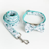 HKM-5920317 Tropical Leaves Dog Collar and Leash Set with Bow Tie, Durable Cotton Fabric with Metal Buckle