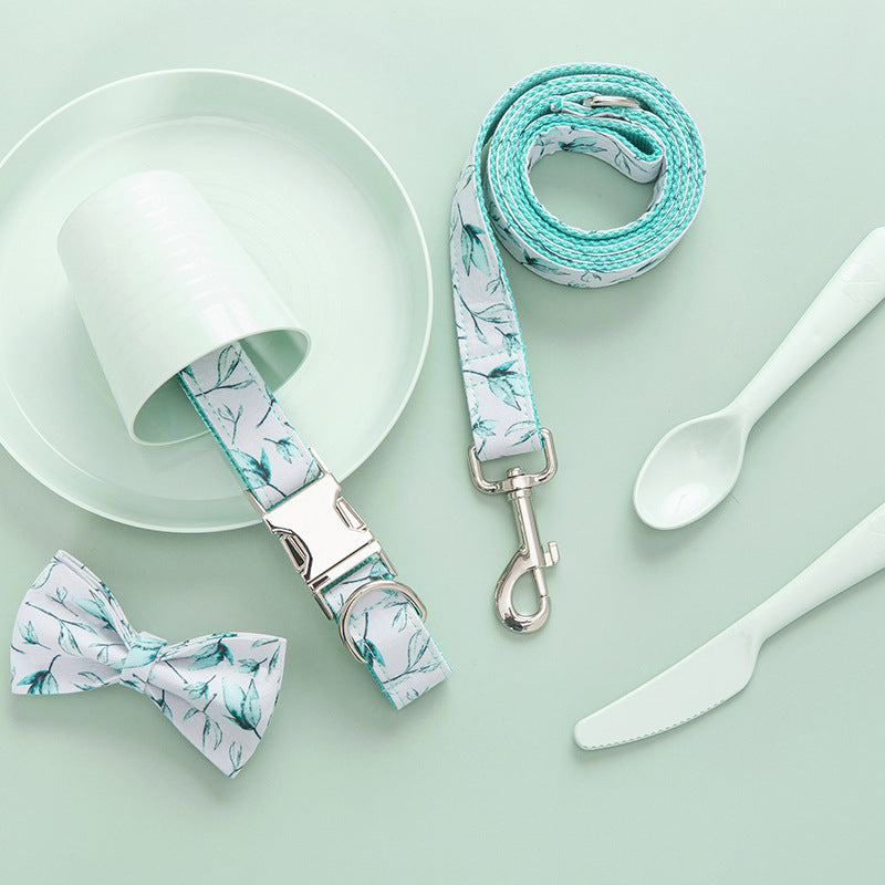HKM-5920317 Tropical Leaves Dog Collar and Leash Set with Bow Tie, Durable Cotton Fabric with Metal Buckle