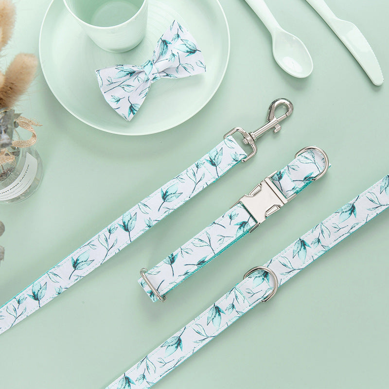 HKM-5920317 Tropical Leaves Dog Collar and Leash Set with Bow Tie, Durable Cotton Fabric with Metal Buckle
