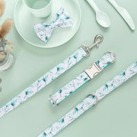 HKM-5920317 Tropical Leaves Dog Collar and Leash Set with Bow Tie, Durable Cotton Fabric with Metal Buckle