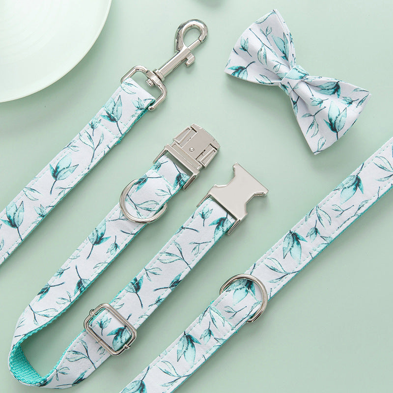 HKM-5920317 Tropical Leaves Dog Collar and Leash Set with Bow Tie, Durable Cotton Fabric with Metal Buckle