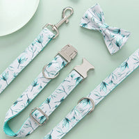 HKM-5920317 Tropical Leaves Dog Collar and Leash Set with Bow Tie, Durable Cotton Fabric with Metal Buckle