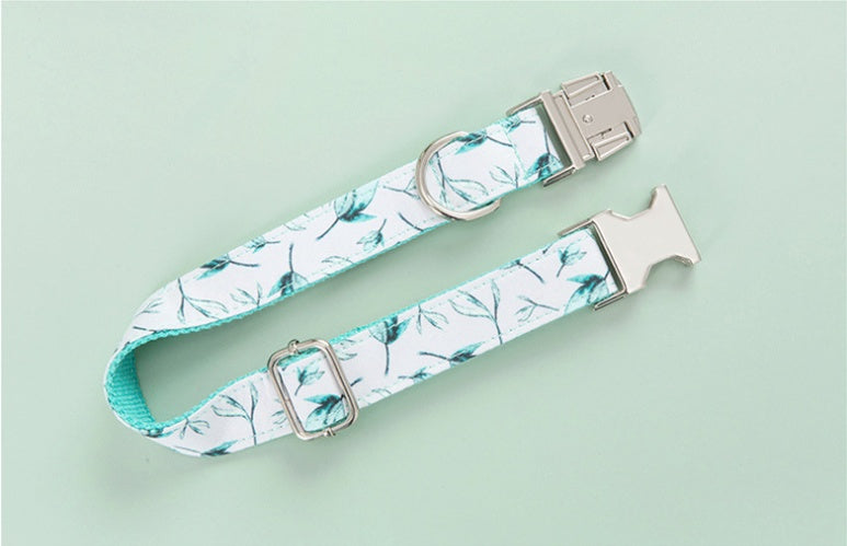 HKM-5920317 Tropical Leaves Dog Collar and Leash Set with Bow Tie, Durable Cotton Fabric with Metal Buckle