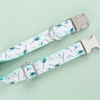 HKM-5920317 Tropical Leaves Dog Collar and Leash Set with Bow Tie, Durable Cotton Fabric with Metal Buckle