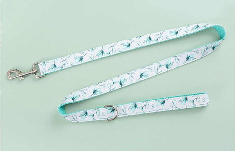 HKM-5920317 Tropical Leaves Dog Collar and Leash Set with Bow Tie, Durable Cotton Fabric with Metal Buckle