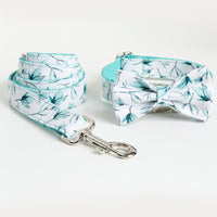 HKM-5920317 Tropical Leaves Dog Collar and Leash Set with Bow Tie, Durable Cotton Fabric with Metal Buckle