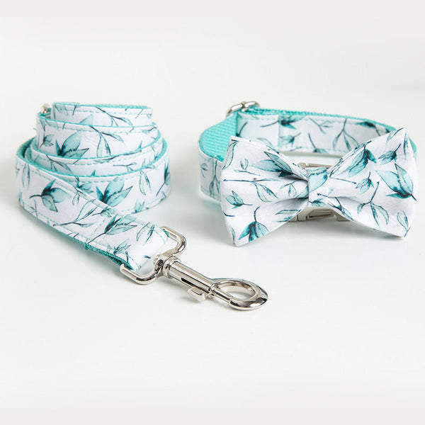 HKM-5920317 Tropical Leaves Dog Collar and Leash Set with Bow Tie, Durable Cotton Fabric with Metal Buckle
