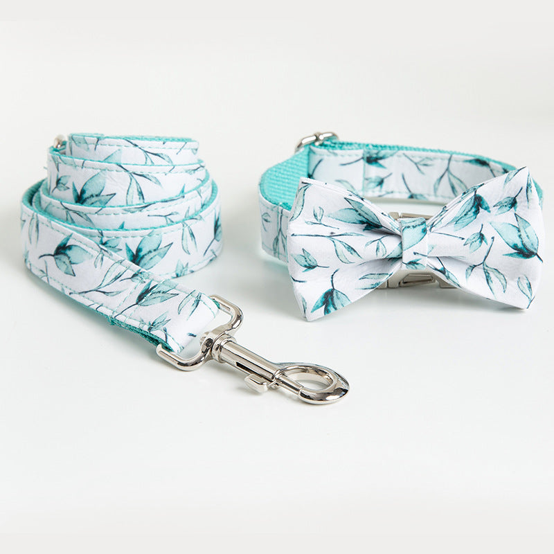 HKM-5920317 Tropical Leaves Dog Collar and Leash Set with Bow Tie, Durable Cotton Fabric with Metal Buckle