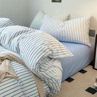 HKM-592083 Washed Cotton Striped 4-Piece Bedding Set - Fitted Sheet, Duvet Cover, and Pillowcases