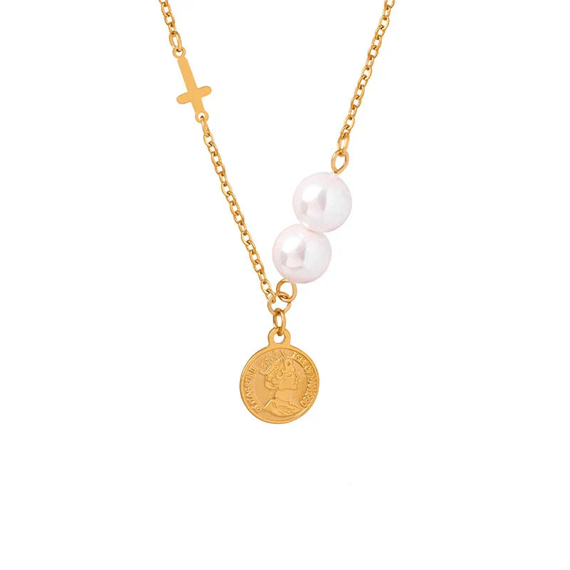 HKM-592467 2024 Exquisite 18K Gold Plated Imitation Pearl Satellite Dainty Chain Tassel Necklace Stainless Steel Jewelry