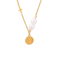 HKM-592467 2024 Exquisite 18K Gold Plated Imitation Pearl Satellite Dainty Chain Tassel Necklace Stainless Steel Jewelry