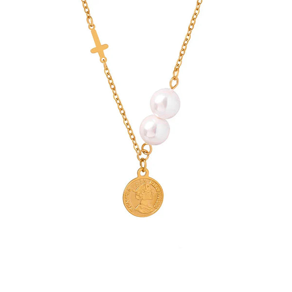 HKM-592467 2024 Exquisite 18K Gold Plated Imitation Pearl Satellite Dainty Chain Tassel Necklace Stainless Steel Jewelry