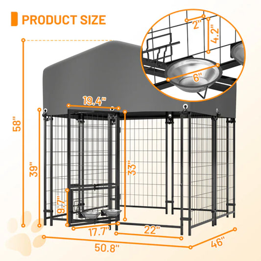 HKM-5925949 Heavy Duty Outdoor Dog Kennel with Roof - All-Weather Protection, Safe Lock Design, 4.23'x3.83'x4.83' Size