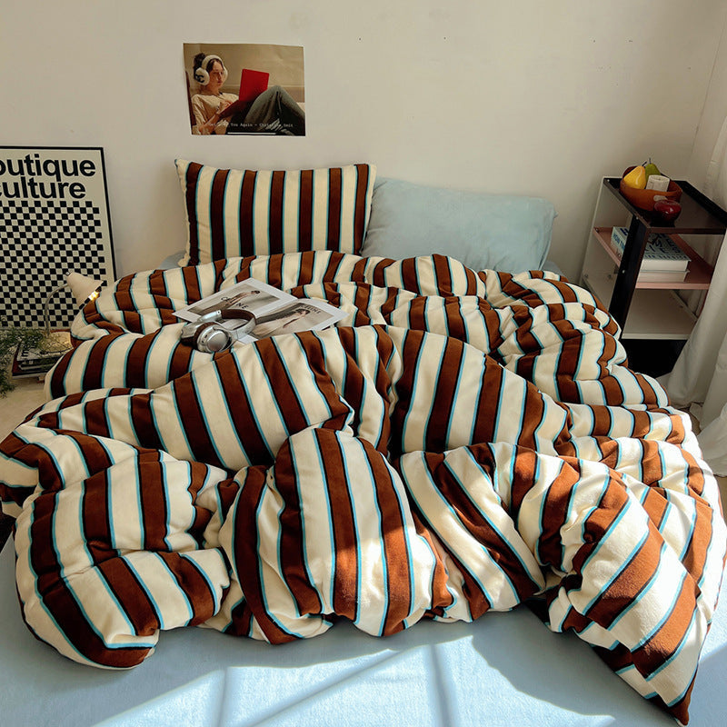 HKM-592915 Striped Milk Fiber Bedding Set - Four-Piece Options for Various Bed Sizes