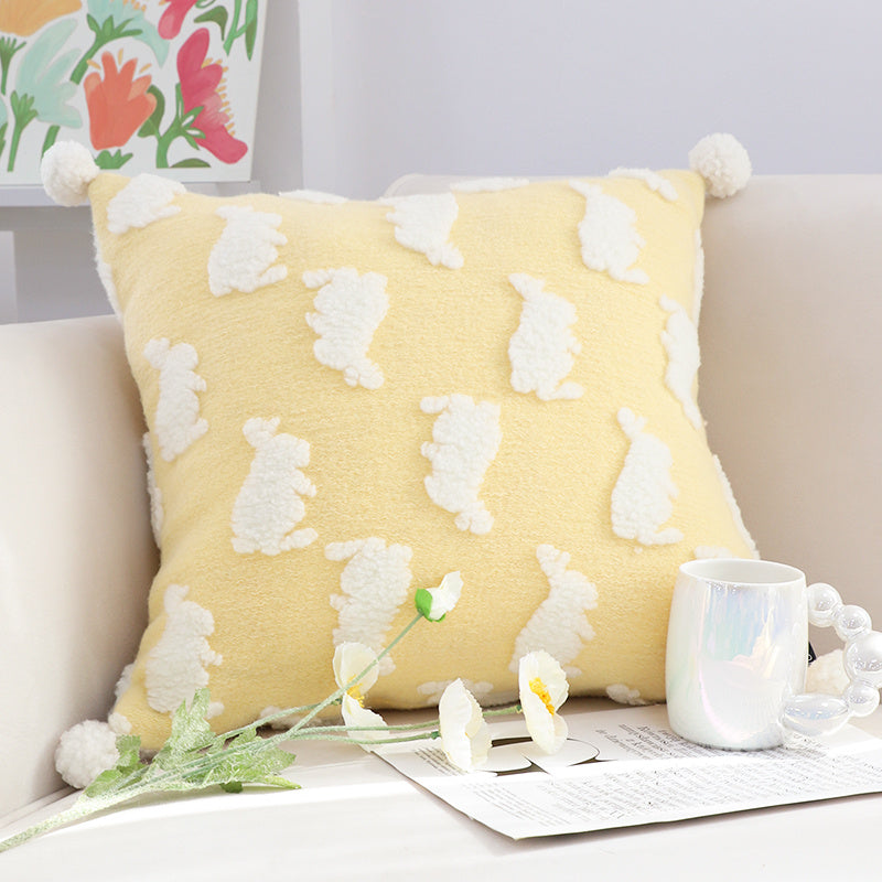 HKM-592979 Cute Rabbit Pillow Cover for Children's Room in Cream Yellow and Floral Gray