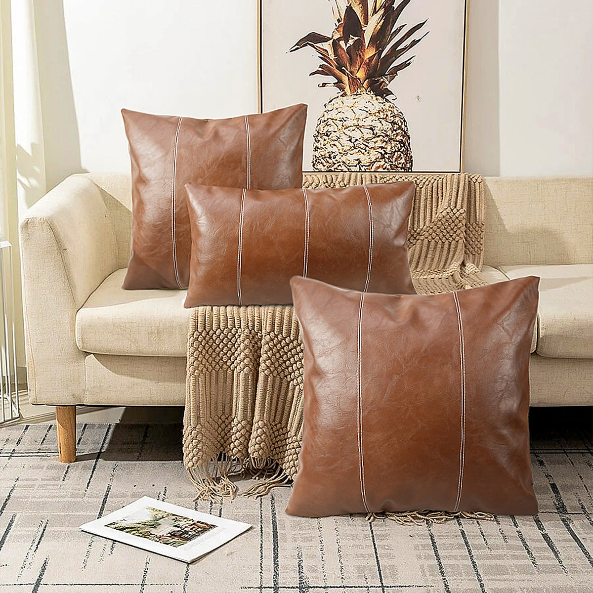 HKM-593043 Solid Color PU Leather Pillow Cover - Black & Brown Options, 45x45cm, 30x50cm, 50x50cm, European Style
