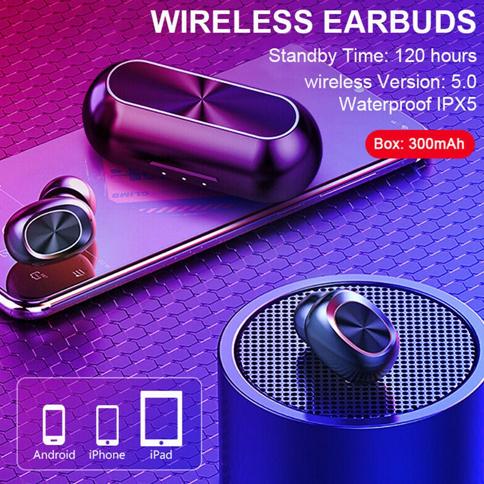 HKM-593107 Wireless Bluetooth 5.0 In-Ear Headset with Charging Case, 4 Hours Playtime, IPX5 Waterproof