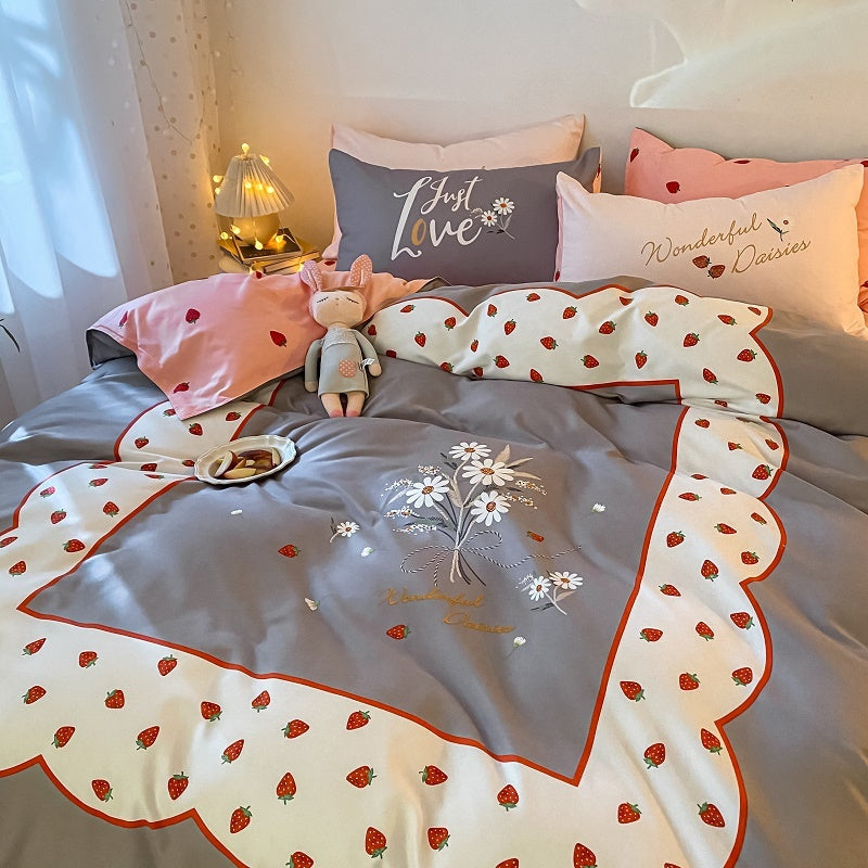 HKM-593235 Cozy Four-Piece Thick Brushed Washed Cotton Bedding Set with Double Duvet Cover