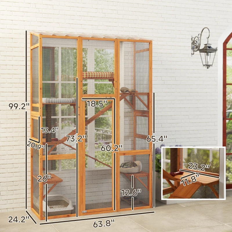 HKM-5935677 Large Wooden Cat Enclosure with 6 Jumping Platforms and Scratching Post for Outdoor Exploration