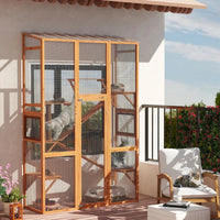 HKM-5935677 Large Wooden Cat Enclosure with 6 Jumping Platforms and Scratching Post for Outdoor Exploration