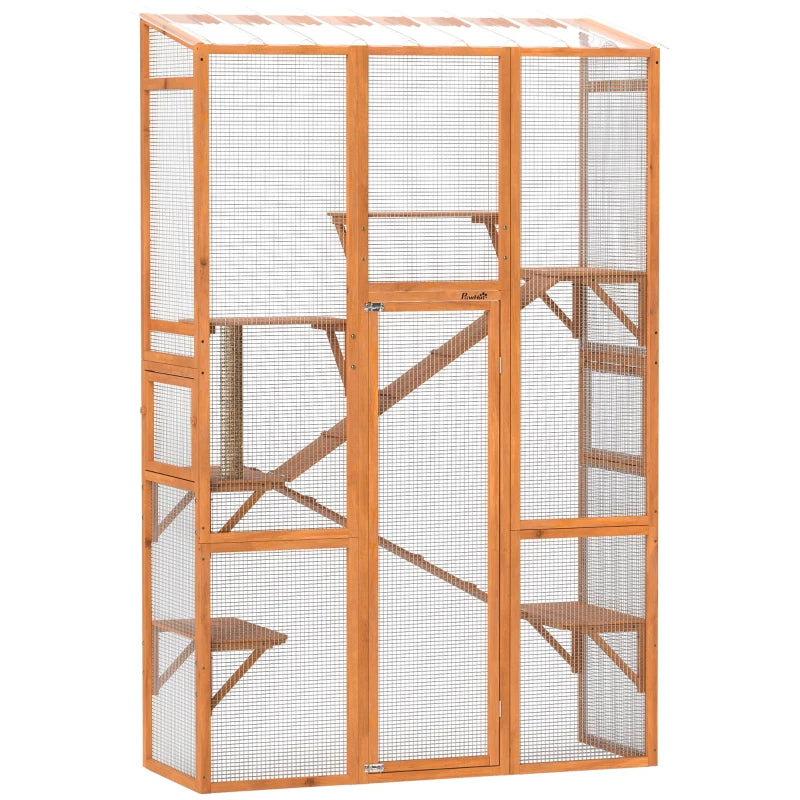 HKM-5935677 Large Wooden Cat Enclosure with 6 Jumping Platforms and Scratching Post for Outdoor Exploration