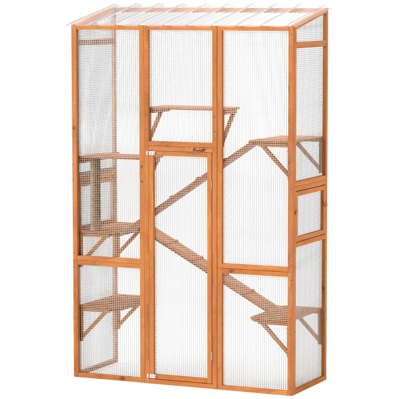 HKM-5935677 Large Wooden Cat Enclosure with 6 Jumping Platforms and Scratching Post for Outdoor Exploration
