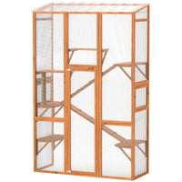 HKM-5935677 Large Wooden Cat Enclosure with 6 Jumping Platforms and Scratching Post for Outdoor Exploration