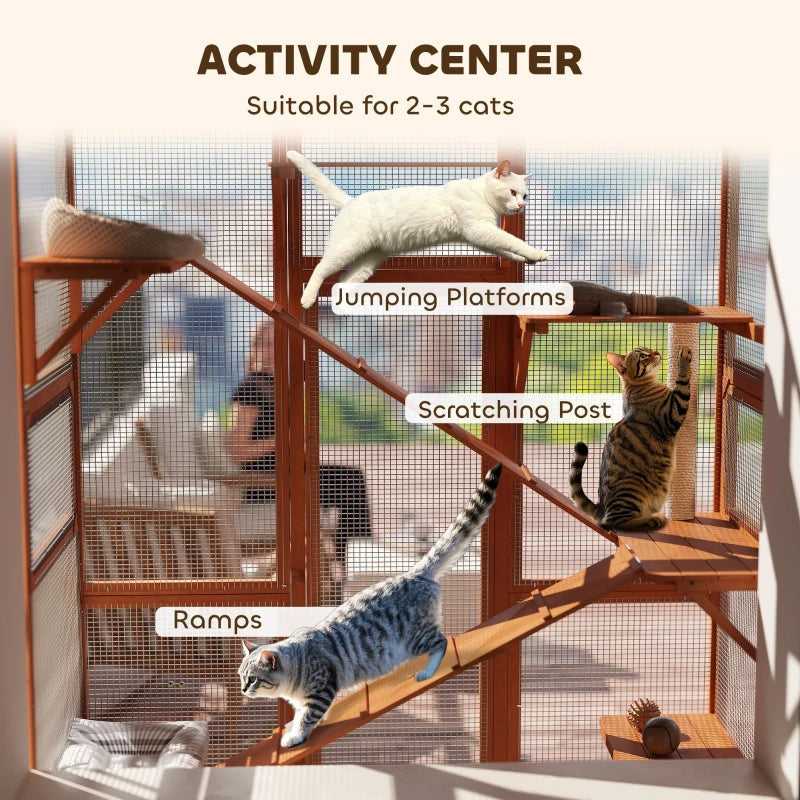 HKM-5935677 Large Wooden Cat Enclosure with 6 Jumping Platforms and Scratching Post for Outdoor Exploration