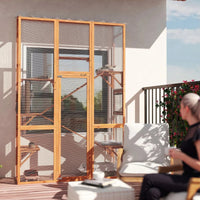 HKM-5935677 Large Wooden Cat Enclosure with 6 Jumping Platforms and Scratching Post for Outdoor Exploration