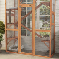 HKM-5935677 Large Wooden Cat Enclosure with 6 Jumping Platforms and Scratching Post for Outdoor Exploration