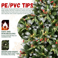 HKM-593683 8FT Artificial Christmas Tree with 600 Warm White LED Lights, Snow-Tipped Branches, Red Berries & Pine Cones