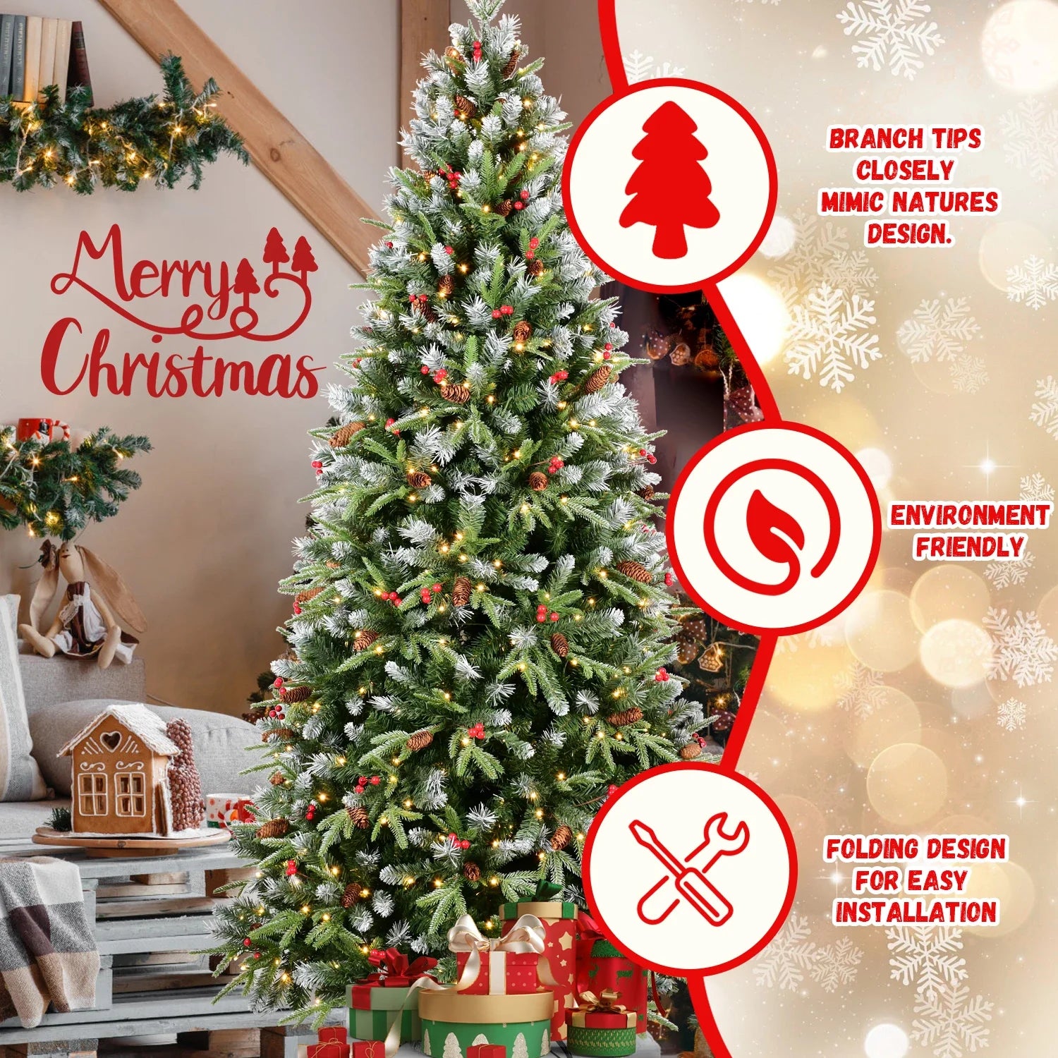 HKM-593683 8FT Artificial Christmas Tree with 600 Warm White LED Lights, Snow-Tipped Branches, Red Berries & Pine Cones