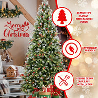 HKM-593683 8FT Artificial Christmas Tree with 600 Warm White LED Lights, Snow-Tipped Branches, Red Berries & Pine Cones